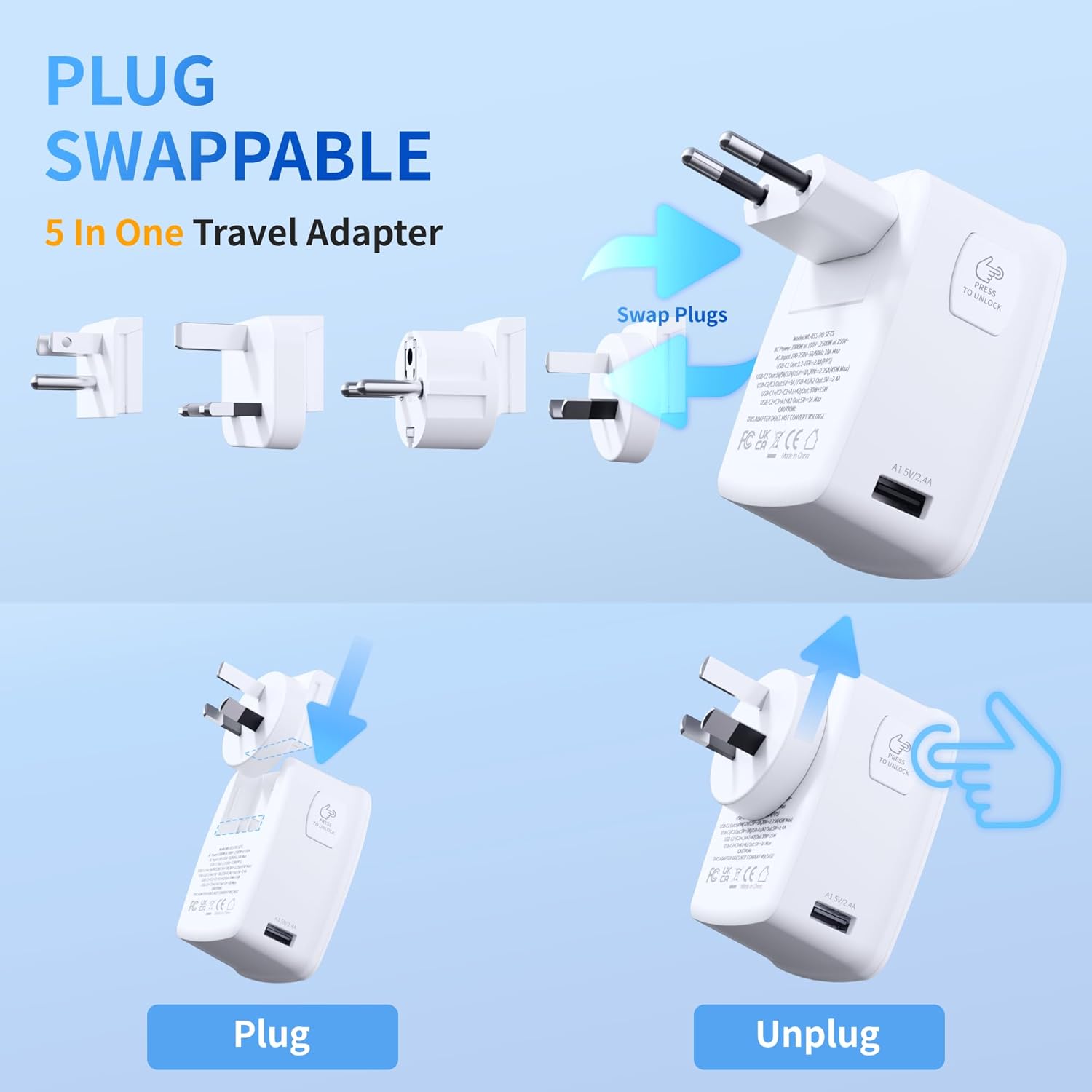 45W GaN Universal Travel Adapter, 7-in-1 2000W International Power Adapter with 3 USB-C(45W PD)/2 USB-A/2 AC, Worldwide Plug for EU,UK,China,AU - Cruise Essentials for Laptop,MacBook,iPad,Phone,Camera