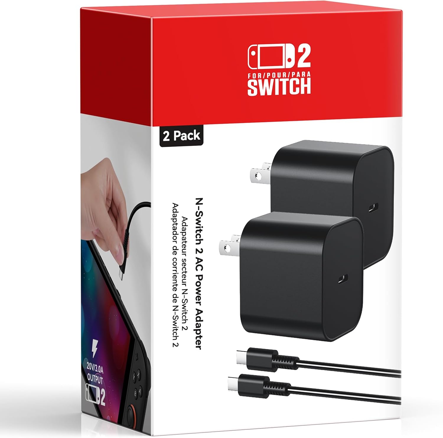 (2 Pack) Switch 2 Charger with 5FT+10FT USB-C Cable Bundle, 60W PD 3.0 Fast Charging Block (20V/3A), AC Power Adapter, 4K TV Dock Mode Support, OEM Replacement for Nintendo Switch 2/1/Lite/Steam Deck
