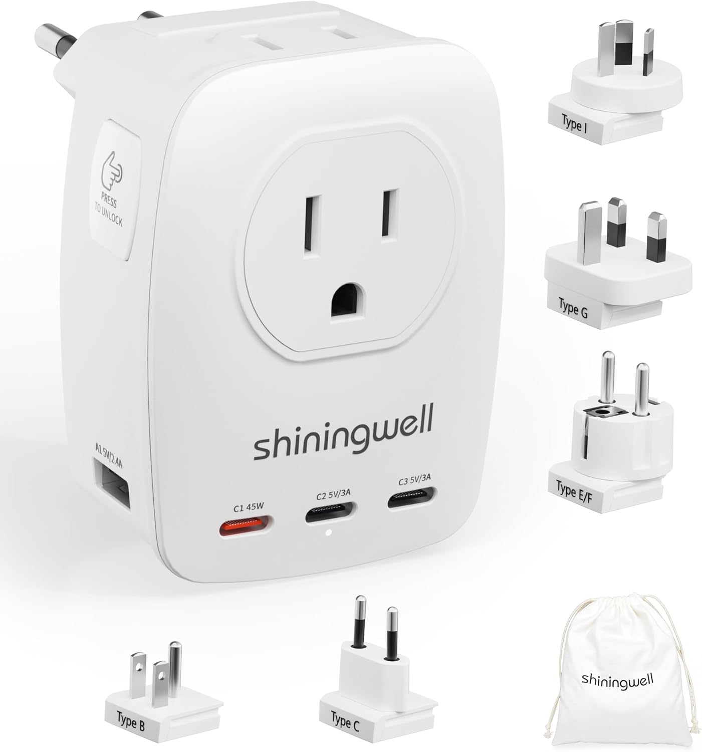 45W GaN Universal Travel Adapter, 7-in-1 2000W International Power Adapter with 3 USB-C(45W PD)/2 USB-A/2 AC, Worldwide Plug for EU,UK,China,AU - Cruise Essentials for Laptop,MacBook,iPad,Phone,Camera