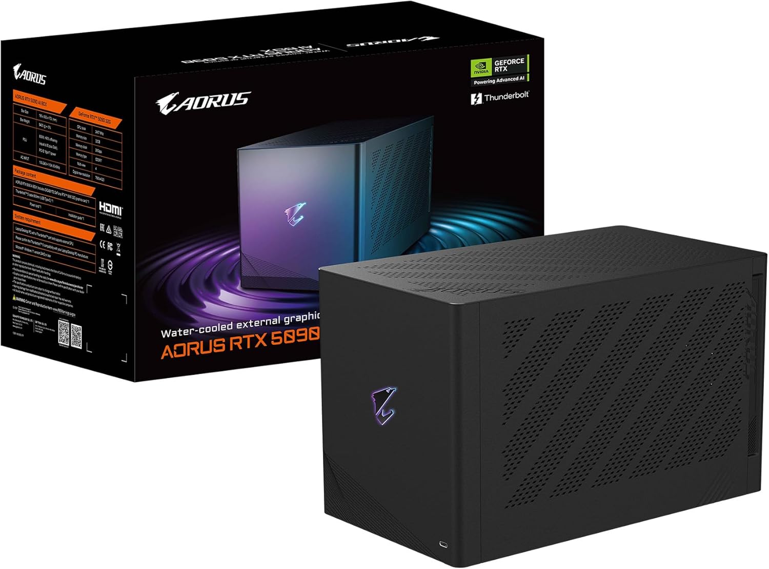 GIGABYTE AORUS RTX 5090 AI Box Graphics Card - External GPU (32GB GDDR7, 512-bit, PCIe 5.0, HDMI/DP 2.1b, 240mm Radiator, Silent Fans, Direct-Coverage Copper Plate, Thunderbolt 5™)