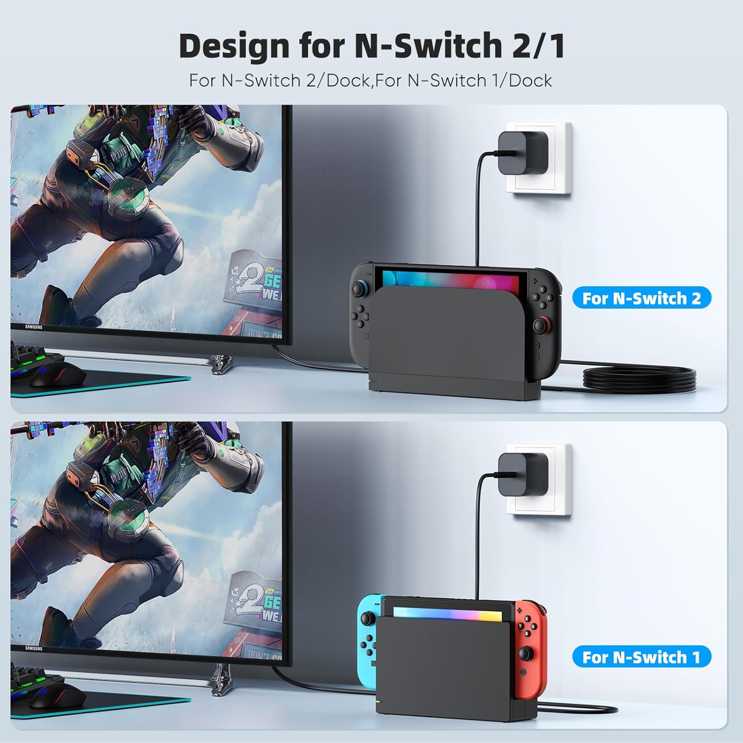 (2 Pack) Switch 2 Charger with 5FT+10FT USB-C Cable Bundle, 60W PD 3.0 Fast Charging Block (20V/3A), AC Power Adapter, 4K TV Dock Mode Support, OEM Replacement for Nintendo Switch 2/1/Lite/Steam Deck