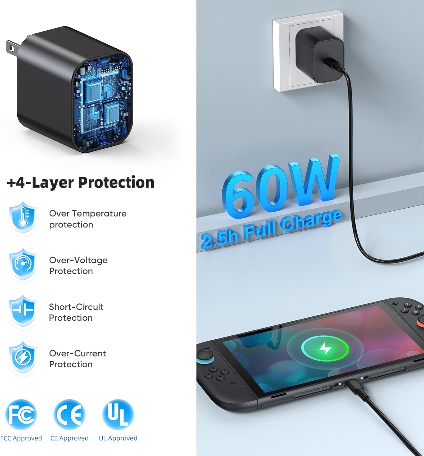 (2 Pack) Switch 2 Charger with 5FT+10FT USB-C Cable Bundle, 60W PD 3.0 Fast Charging Block (20V/3A), AC Power Adapter, 4K TV Dock Mode Support, OEM Replacement for Nintendo Switch 2/1/Lite/Steam Deck