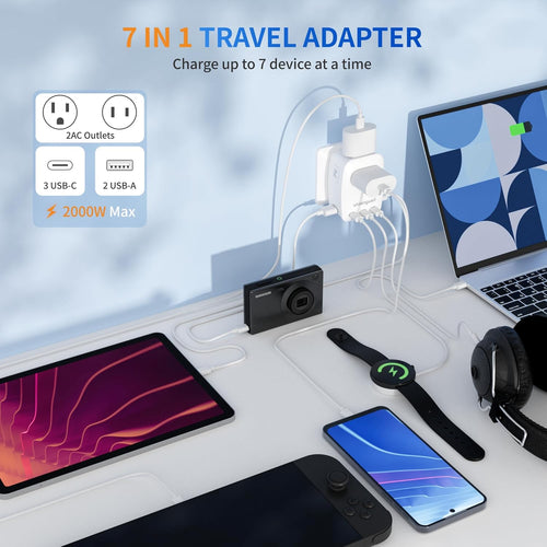 45W GaN Universal Travel Adapter, 7-in-1 2000W International Power Adapter with 3 USB-C(45W PD)/2 USB-A/2 AC, Worldwide Plug for EU,UK,China,AU - Cruise Essentials for Laptop,MacBook,iPad,Phone,Camera