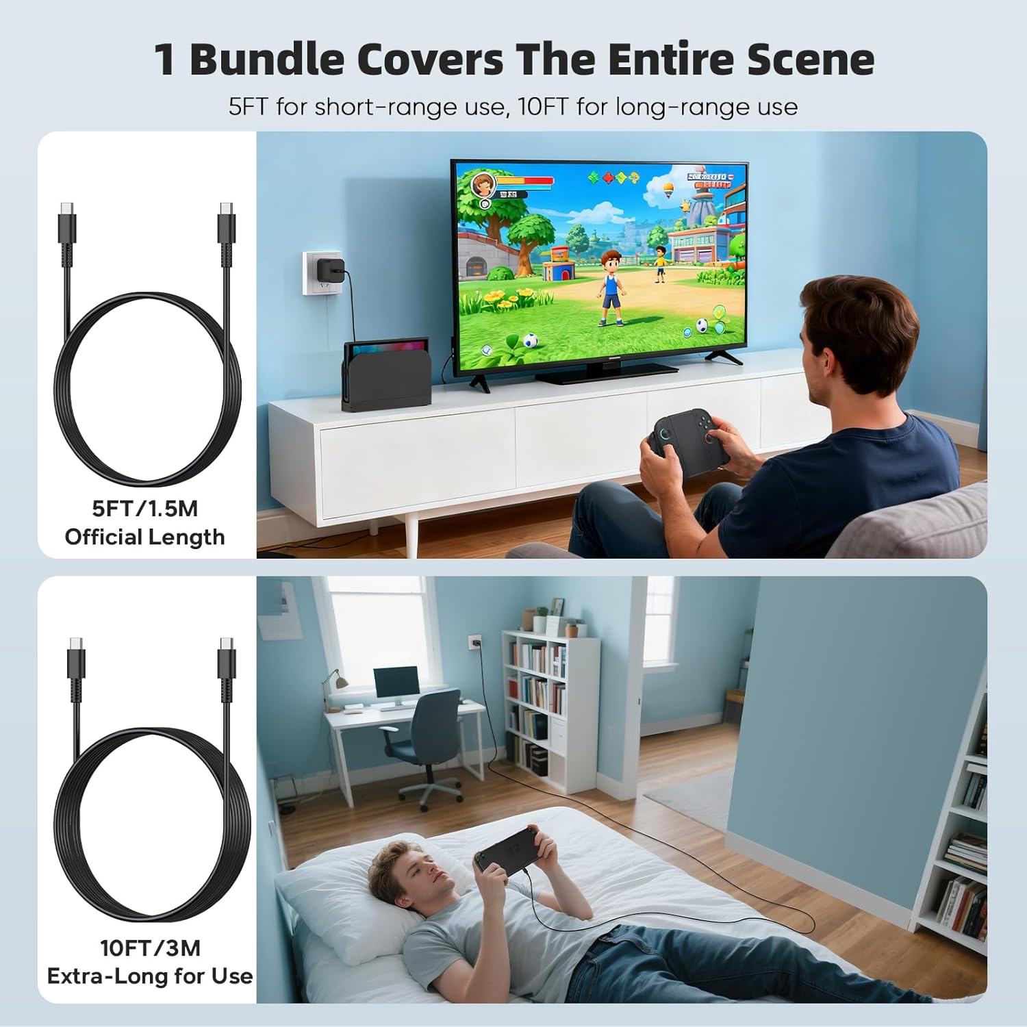 (2 Pack) Switch 2 Charger with 5FT+10FT USB-C Cable Bundle, 60W PD 3.0 Fast Charging Block (20V/3A), AC Power Adapter, 4K TV Dock Mode Support, OEM Replacement for Nintendo Switch 2/1/Lite/Steam Deck