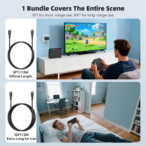 (2 Pack) Switch 2 Charger with 5FT+10FT USB-C Cable Bundle, 60W PD 3.0 Fast Charging Block (20V/3A), AC Power Adapter, 4K TV Dock Mode Support, OEM Replacement for Nintendo Switch 2/1/Lite/Steam Deck