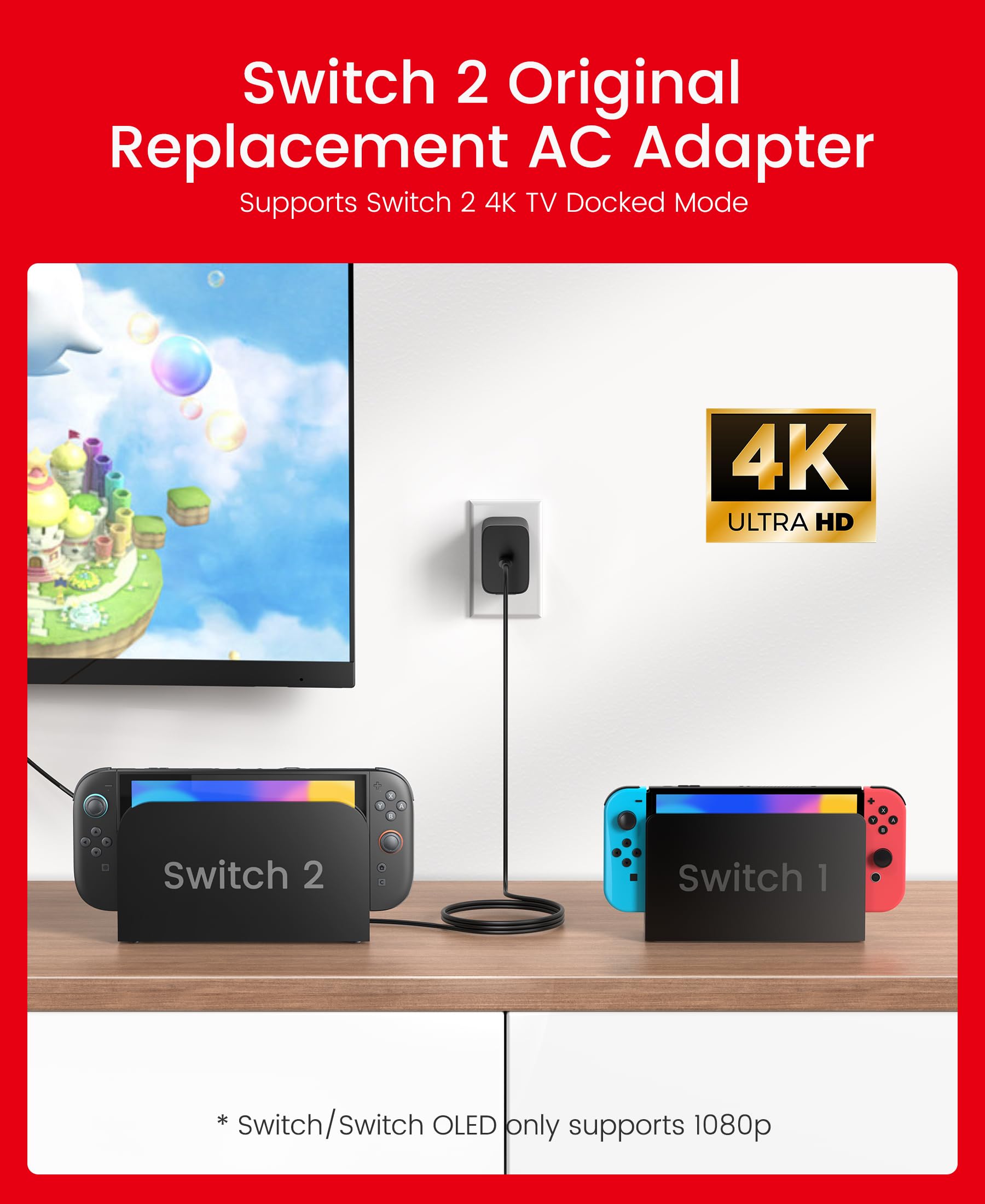 65W Switch 2 Charger with 6.6FT(2M) Cable - GaN3 AC Power Adapter for Nintendo Switch/OLED/Lite & Steam Deck/OLED, Original Quality, Supports 4K TV Mode, PD3.0 Fast Charger for Galaxy, Wii