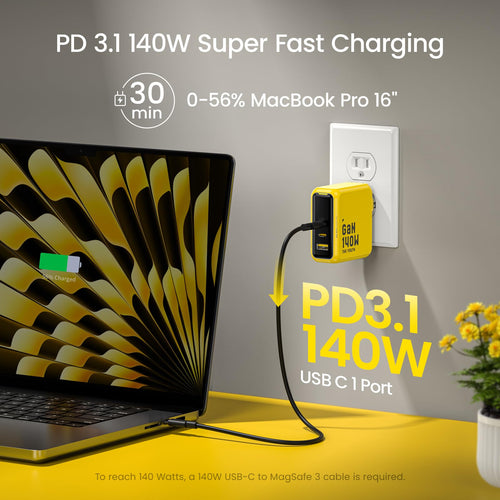 AOHI Youth 140W GaN+ USB C Charger 100W Laptop Fast Charger PD3.1 PPS 3-Port USB C Wall Charger Power Adapter for MacBook Pro 16'', Dell XPS, iPhone 17 Pro Max, iPad Pro, Tablet, Chromebook, Yellow