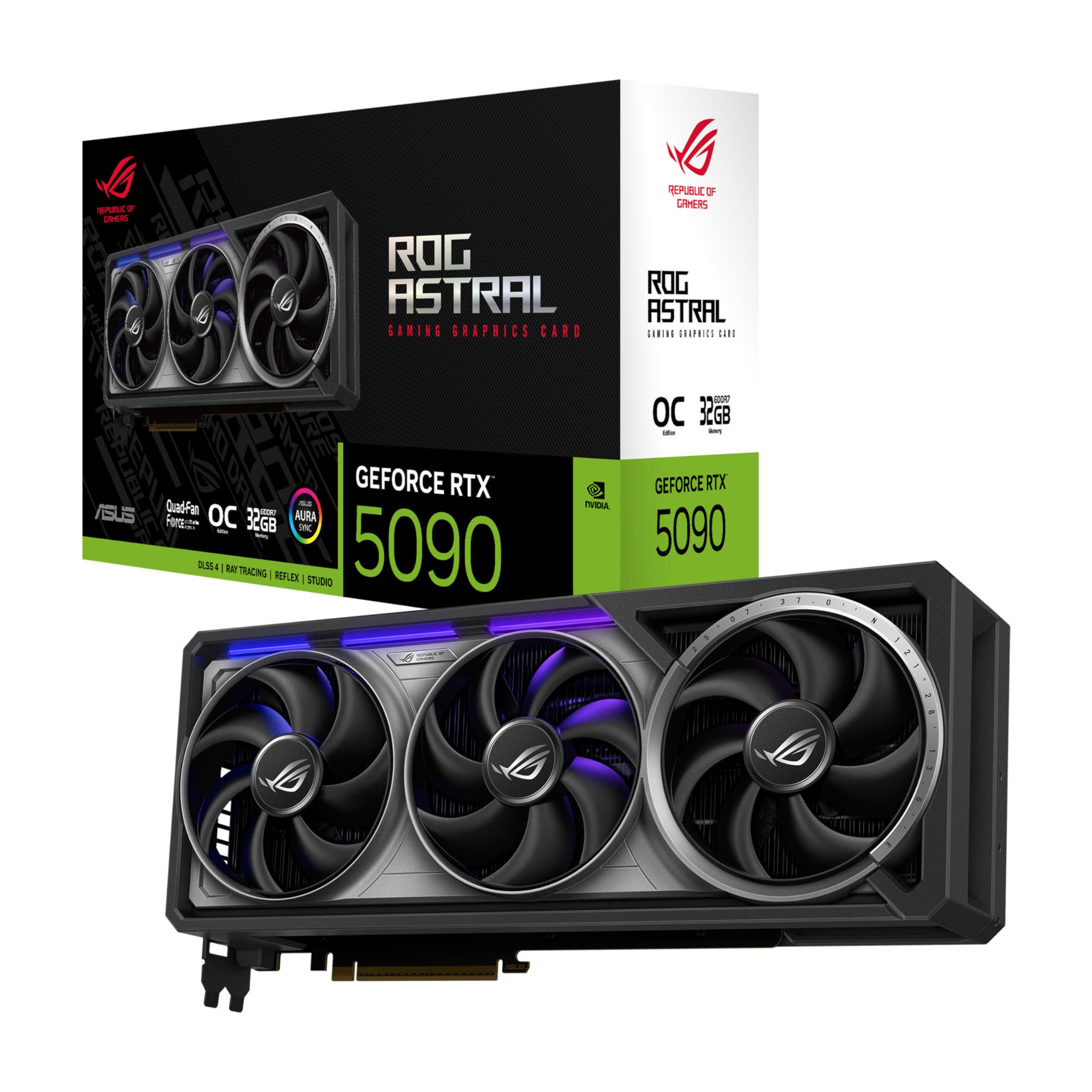 ASUS ROG Astral GeForce RTX™ 5090 OC Edition Graphics Card, NVIDIA (PCIe® 5.0, 32GB GDDR7, HDMI®/DP 2.1, 3.8-Slot, 4-Fan Design, Axial-tech Fans, Patented Vapor Chamber, Phase-Change GPU Thermal Pad)