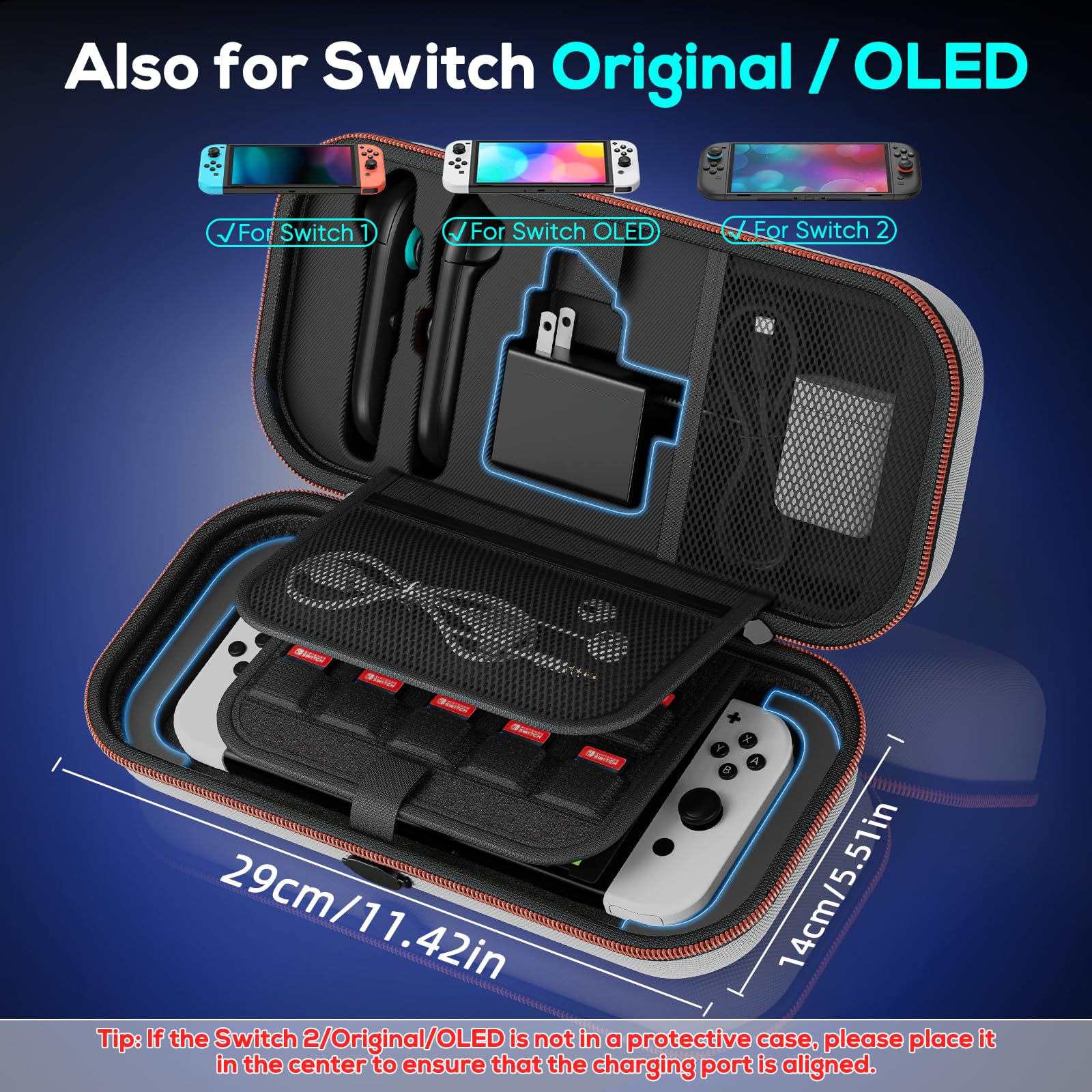 Auarte [Charge inside] Carrying Case for Nintendo Switch 2 2025 / Switch OLED / Switch with Adapter and for Joy Cons Storage, Travel Case for Switch 2 Console with 22 Game Card Storage