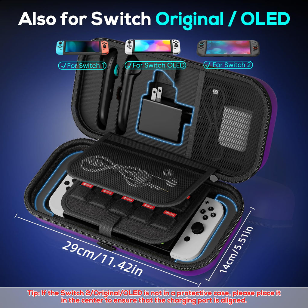 Auarte [Charge inside] Carrying Case for Nintendo Switch 2 2025 / Switch OLED / Switch with Adapter and for Joy Cons Storage, Travel Case for Switch 2 Console with 22 Game Card Storage