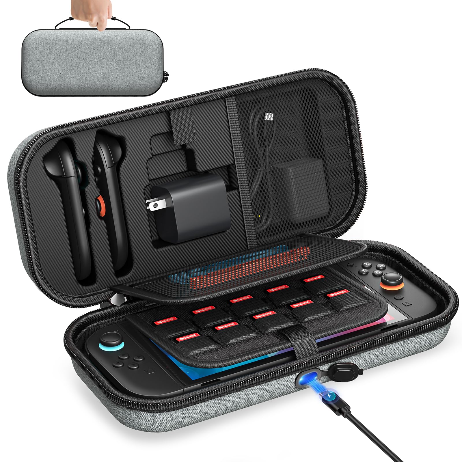 Auarte [Charge inside] Carrying Case for Nintendo Switch 2 2025 / Switch OLED / Switch with Adapter and for Joy Cons Storage, Travel Case for Switch 2 Console with 22 Game Card Storage