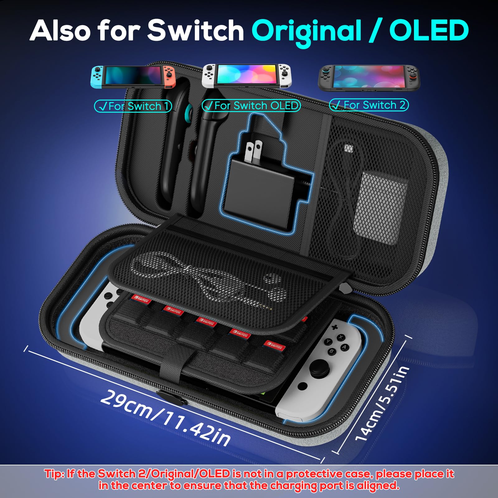 Auarte [Charge inside] Carrying Case for Nintendo Switch 2 2025 / Switch OLED / Switch with Adapter and for Joy Cons Storage, Travel Case for Switch 2 Console with 22 Game Card Storage
