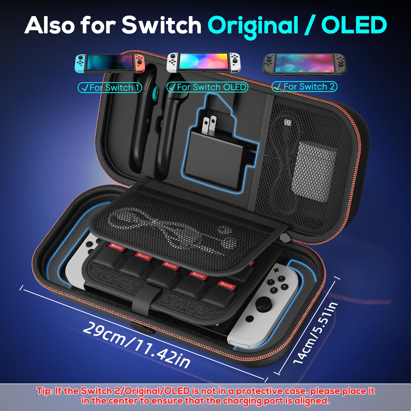 Auarte [Charge inside] Carrying Case for Nintendo Switch 2 2025 / Switch OLED / Switch with Adapter and for Joy Cons Storage, Travel Case for Switch 2 Console with 22 Game Card Storage