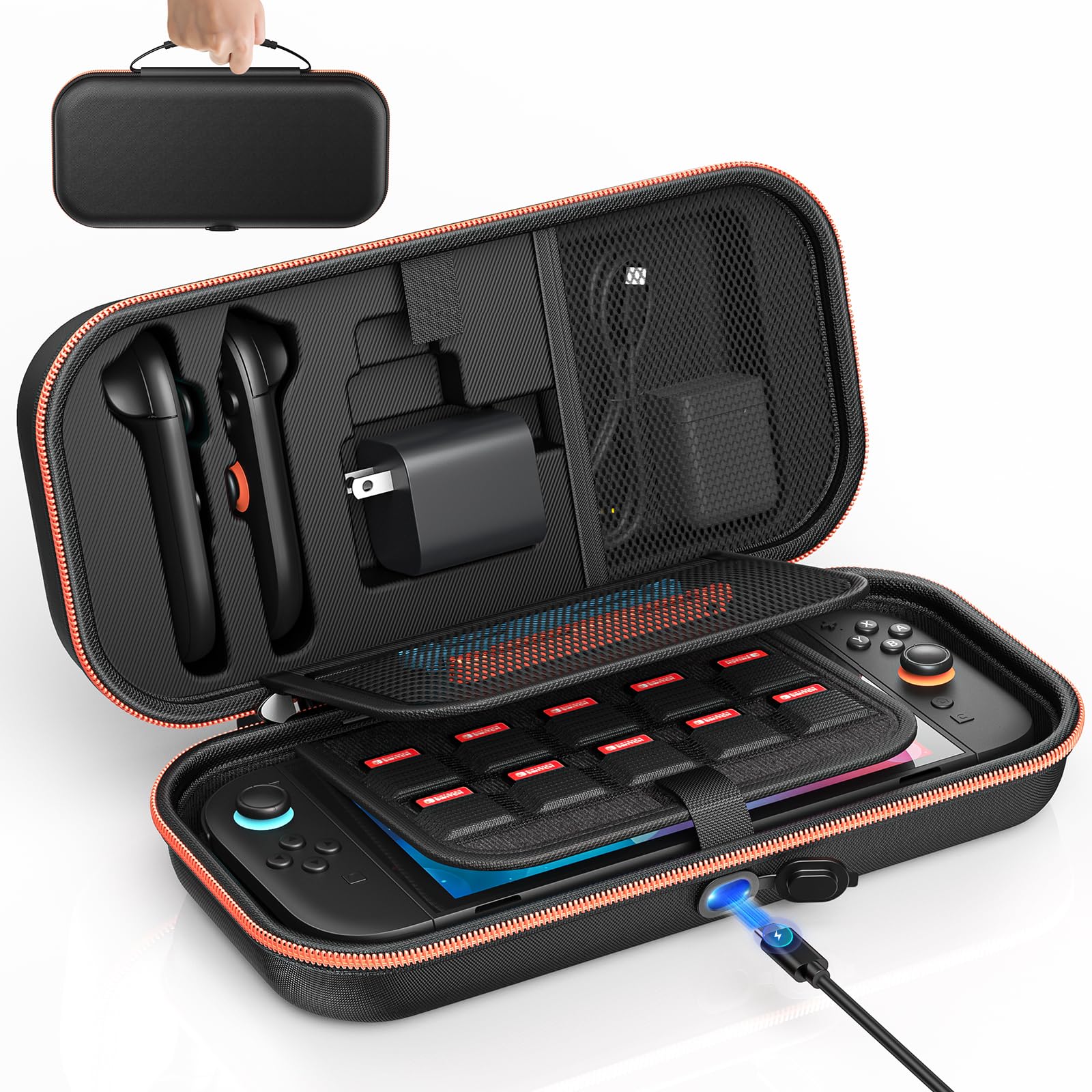 Auarte [Charge inside] Carrying Case for Nintendo Switch 2 2025 / Switch OLED / Switch with Adapter and for Joy Cons Storage, Travel Case for Switch 2 Console with 22 Game Card Storage