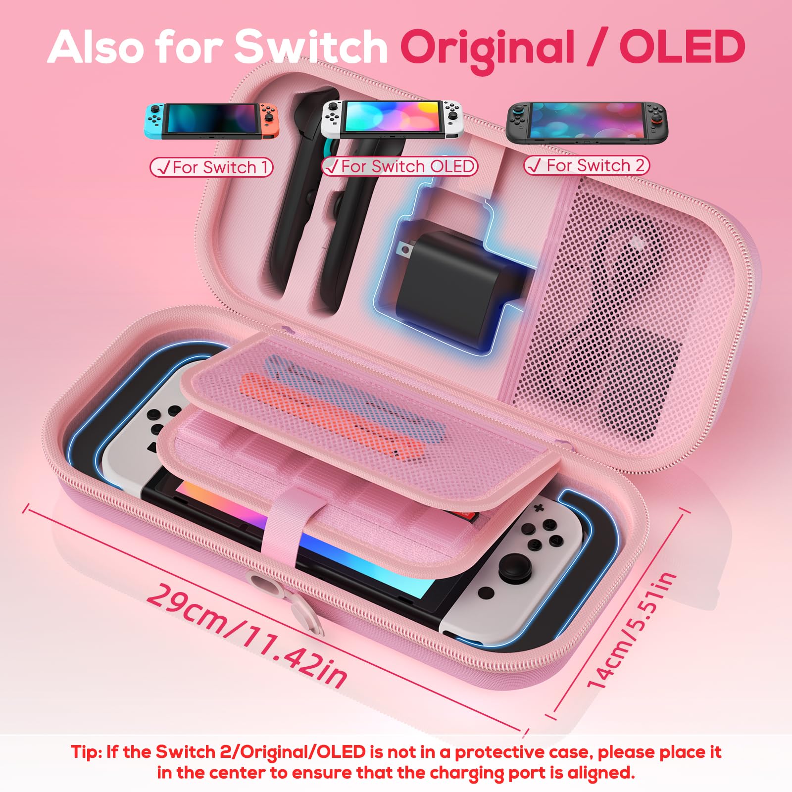 Auarte [Charge inside] Carrying Case for Nintendo Switch 2 2025 / Switch OLED / Switch with Adapter and for Joy Cons Storage, Travel Case for Switch 2 Console with 22 Game Card Storage