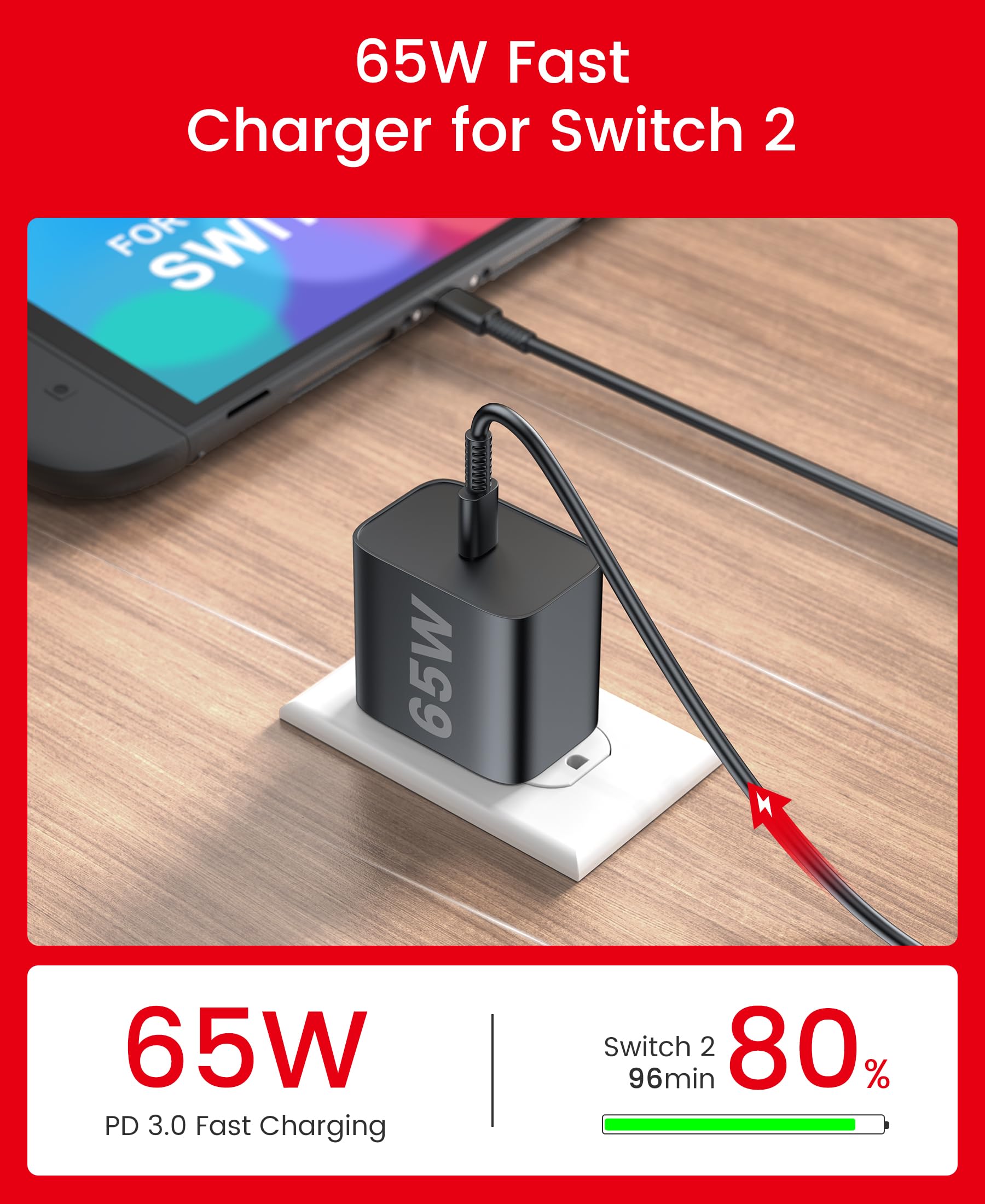 65W Switch 2 Charger with 6.6FT(2M) Cable - GaN3 AC Power Adapter for Nintendo Switch/OLED/Lite & Steam Deck/OLED, Original Quality, Supports 4K TV Mode, PD3.0 Fast Charger for Galaxy, Wii